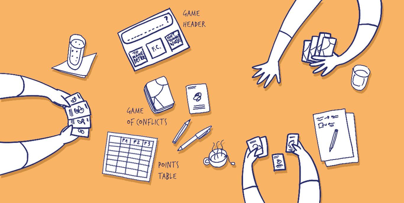 Illustration: a team playing Game of Conflicts with game header, cards and points table